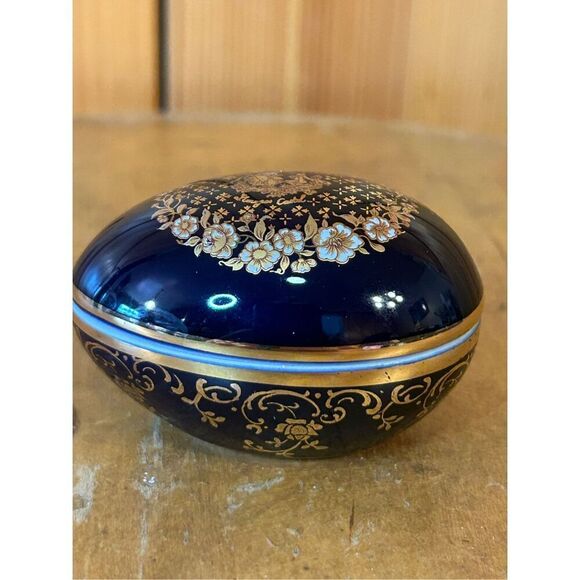 Vintage Limoges Castel France Small Colbalt Blue & 22K Gold Egg Trinket Box (874 - Picture 3 of 9